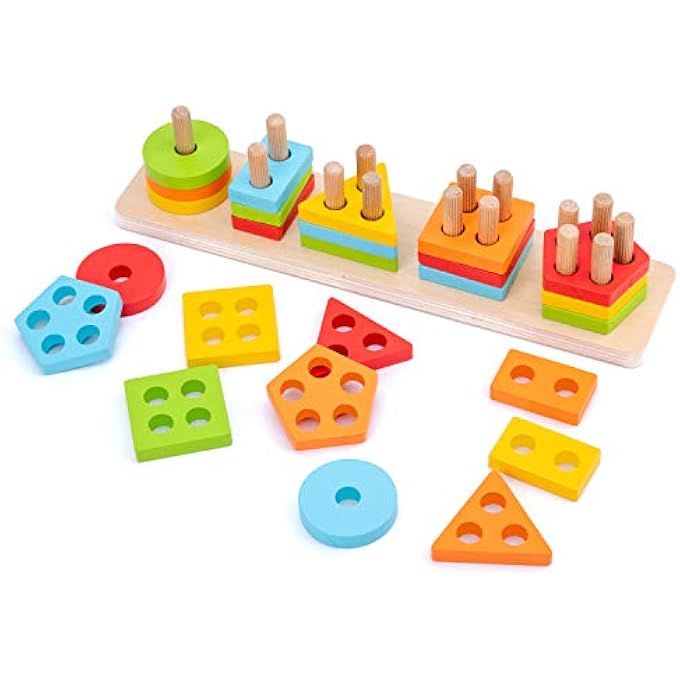 MONTESSORI WOODEN SHAPE SORTER & STACKING TOY FOR TODDLERS - COLOR RECOGNITION & EARLY LEARNING BLOCK PUZZLE FOR KIDS 1-3 YEARS OLD (5 SHAPES) - Image 2