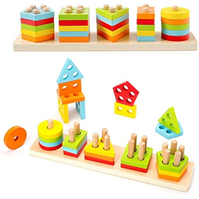 MONTESSORI WOODEN SHAPE SORTER & STACKING TOY FOR TODDLERS - COLOR RECOGNITION & EARLY LEARNING BLOCK PUZZLE FOR KIDS 1-3 YEARS OLD (5 SHAPES) - Image 3