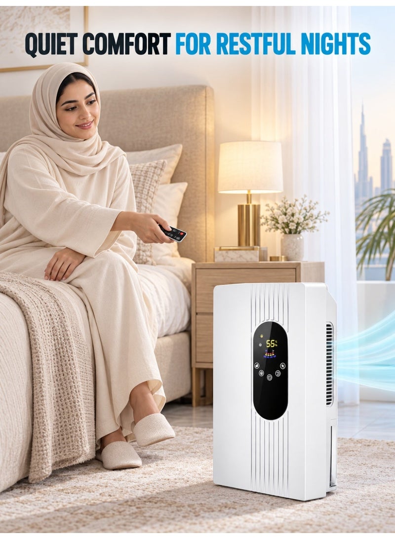 XiuWoo 2200ML Dehumidifier for Home, Compact Quiet Moisture Remover with Remote Control, 1–24 Hour Timer, Sleep Mode, Auto Shut-Off and Continuous Drain Hose for Bedroom, Bathroom, Basement, Closet and RV - Image 2