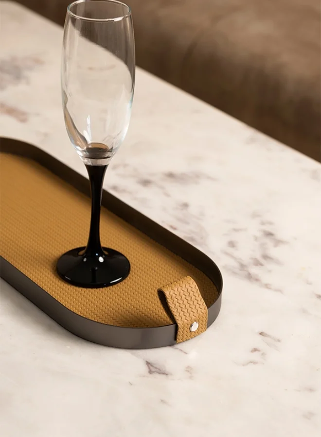 Casa Quesera  Brown Capsule Leather Tray in Brushed Steel Finish by Casa Quesera  | Best Price UAE