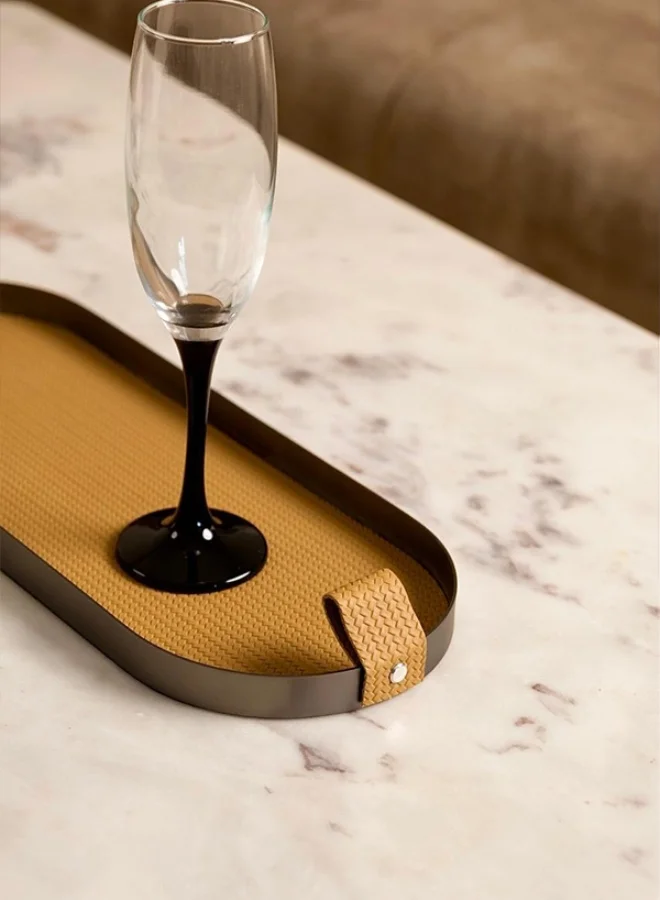 Casa Quesera Brown Capsule Leather Tray in Brushed Steel Finish by Casa Quesera