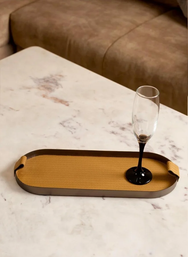 Casa Quesera  Brown Capsule Leather Tray in Brushed Steel Finish by Casa Quesera  | Best Price UAE