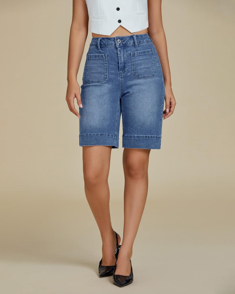 luvamia High Waisted Denim Shorts Women Western Denim Shorts Women Mom Jean Shorts Bermuda Vintage Jean Shorts Plus Size Medium Blue Size X-Large - Image 2