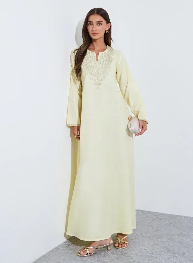 Yellow Embroidered Long Slevves maxi Jalabiya