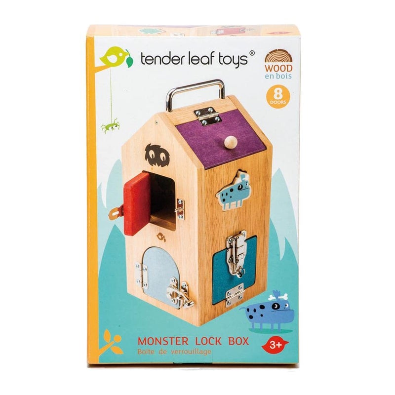 Tender Leaf Toys Wooden Monster Lock Box - 8 Different Doors with Various Lock Mechanisms Helps Develop Probelm Solving Skills - 3 +, Multicolor, 6.5" x 6.7" x 11.7" - Image 2