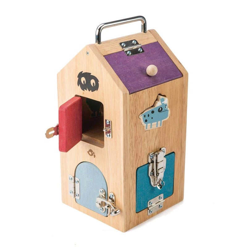 Tender Leaf Toys Wooden Monster Lock Box - 8 Different Doors with Various Lock Mechanisms Helps Develop Probelm Solving Skills - 3 +, Multicolor, 6.5" x 6.7" x 11.7" - Image 4