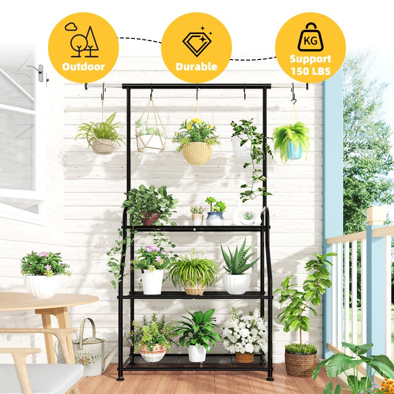 Simple Trending Plant Stand Indoor Outdoor, Heavy Duty Metal 3 Tiered Hanging Plant Shelf for Multiple Flower Planter Holder Tall Large Rack for Living Room Garden Balcony, Black - Image 2