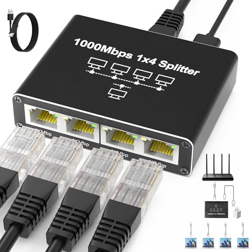 YOFEEPOP Internet Splitter 1 in 4 Out, Gigabit Ethernet LAN Splitters High Speed 1000Mbps RJ45 Ethernet Switch for Cat8/7/6/5e/5 Cable [4 Devices Simultaneous Networking] - Image 1