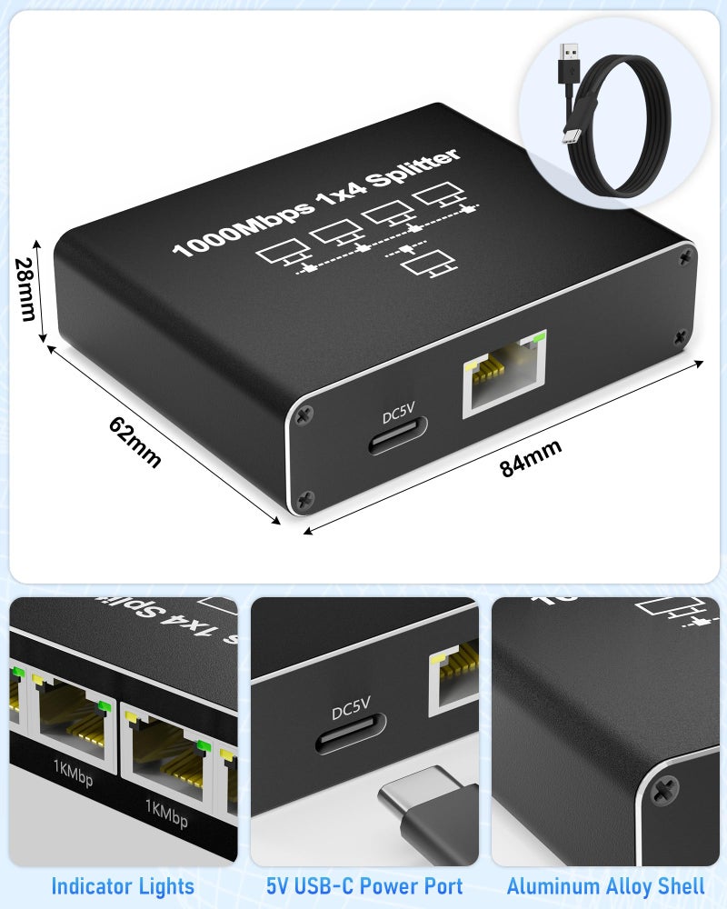 YOFEEPOP Internet Splitter 1 in 4 Out, Gigabit Ethernet LAN Splitters High Speed 1000Mbps RJ45 Ethernet Switch for Cat8/7/6/5e/5 Cable [4 Devices Simultaneous Networking] - Image 3