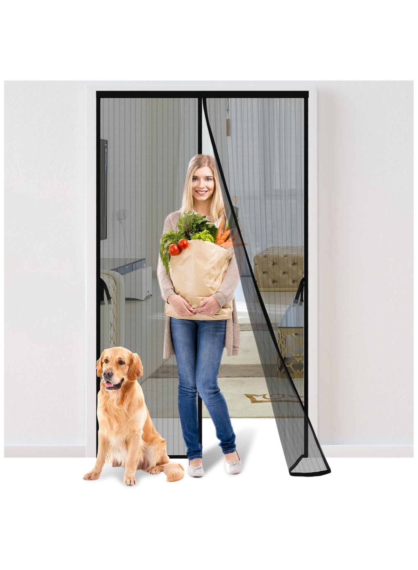 Magnetic Screen Door -Screen Itself Size:90*210CM(36x82 inch, Hands Free Mesh Partition,Heavy Duty Curtain Keeps Bugs Out, Frame Hook & Loop, Pet and Kid Friendly
