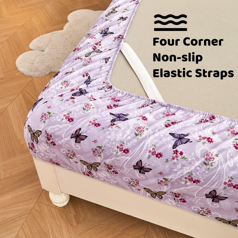 Softan Purple Floral Bed Sheets Full, Paisley Flower Printed Sheet Set, Cozy Microfiber Fitted Sheet with 15" Deep Pocket & Non-Slip Straps, Butterfly Patterned Sheets & Pillowcase Set - Image 2