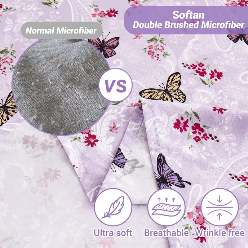 Softan Purple Floral Bed Sheets Full, Paisley Flower Printed Sheet Set, Cozy Microfiber Fitted Sheet with 15" Deep Pocket & Non-Slip Straps, Butterfly Patterned Sheets & Pillowcase Set - Image 3