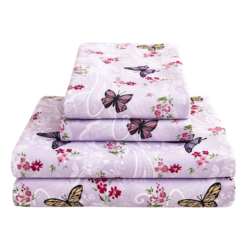 Softan Purple Floral Bed Sheets Full, Paisley Flower Printed Sheet Set, Cozy Microfiber Fitted Sheet with 15" Deep Pocket & Non-Slip Straps, Butterfly Patterned Sheets & Pillowcase Set - Image 1