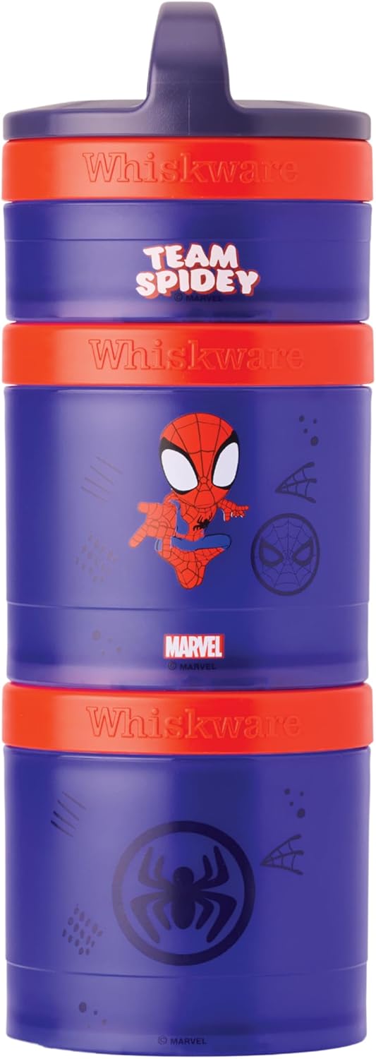 Whiskware حاويات وجبات خفيفة قابلة للتكديس من ويكسوير فريق سبايدرمان للأطفال والرضع 3 أكواب وجبات خفيفة قابلة للتكديس للمدرسة أو السفر مناسبة لحامل الأكواب بيتر باركر - Image 1