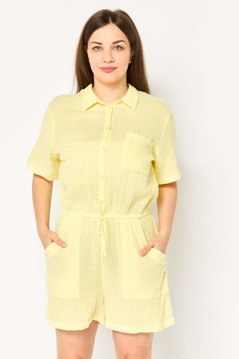 promod Women Plain Short Sleeve Playsuits, Yellow - Image 1