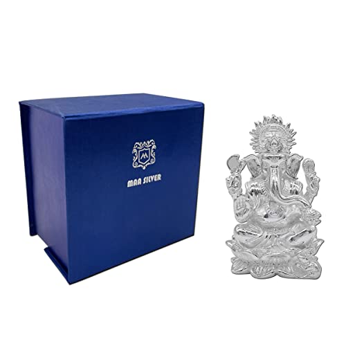 MAA SILVER Pure Silver Ganesha Ganpati ji BIS Hallmarked Solid Idol/Murti with Lotus Kamal Base Perfect for Gifting & Pooja Use (925 Purity)(108 Grams Silver) - Image 5