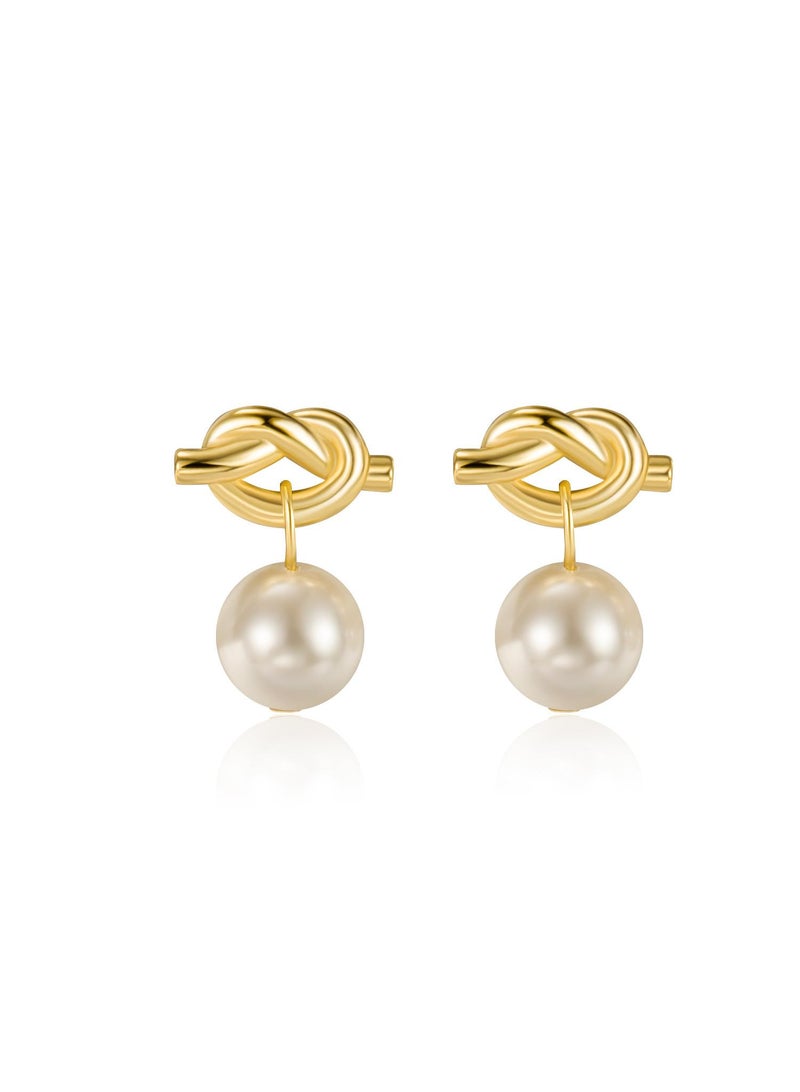 Y&D Retro Knot-Shaped Pearl Earrings Ladies' Style Gold-Plated Tailored For The Accomplished Woman Suitable For Everyday Wear, Work, Shopping And Other Occasions - Image 2