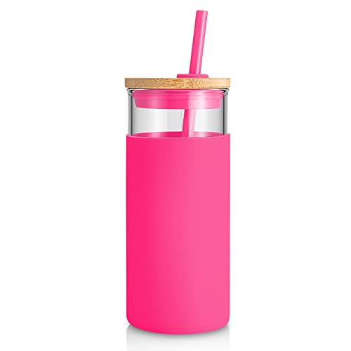 Tronco 20 oz Glass Tumbler with Lid  Straw  Iced Coffee Cup  Smoothie Cup With Silicone Sleeve  BPAFree Dishwasher Safe  Reusable Glass Cups with Bamboo Lids and Straws Watermelon 1 Count