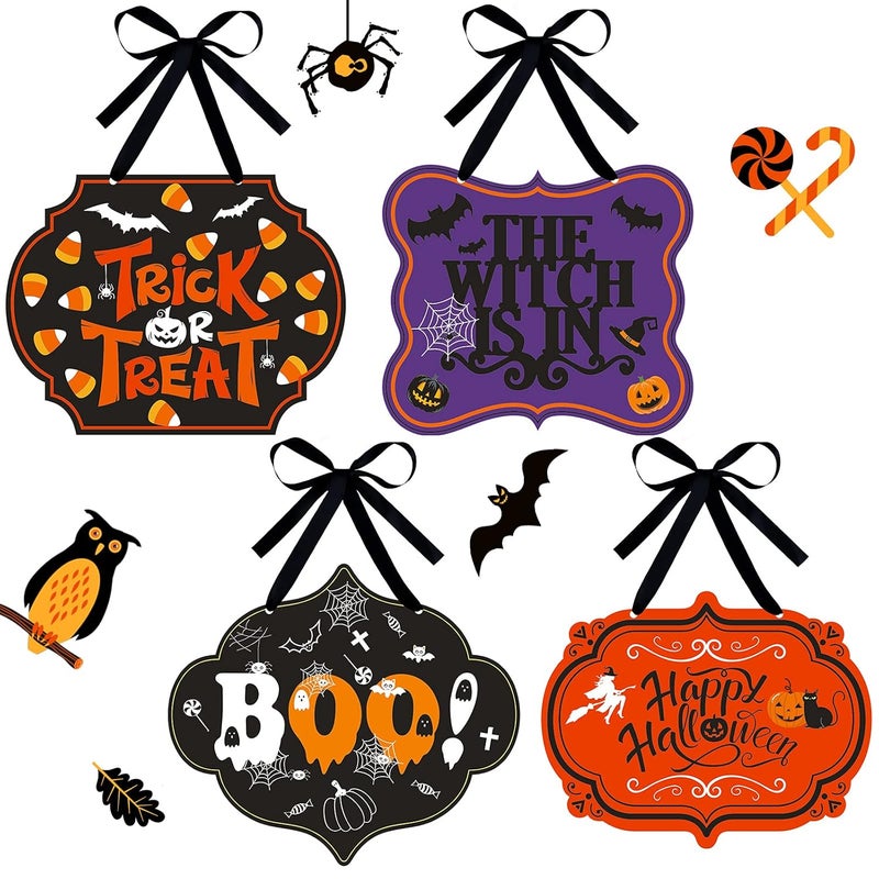 Tatuo 4 Pcs Halloween Felt Hanging Signs for Wreaths Happy Halloween Trick or Treat Wall Plaque Signs Pumpkin Witch Ghost Black Cat Bat Wall Decor Halloween Welcome Signs for Party Home (Funny Style) - Image 1