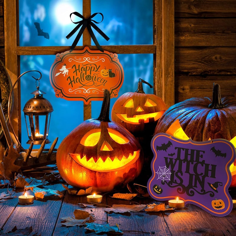Tatuo 4 Pcs Halloween Felt Hanging Signs for Wreaths Happy Halloween Trick or Treat Wall Plaque Signs Pumpkin Witch Ghost Black Cat Bat Wall Decor Halloween Welcome Signs for Party Home (Funny Style) - Image 3