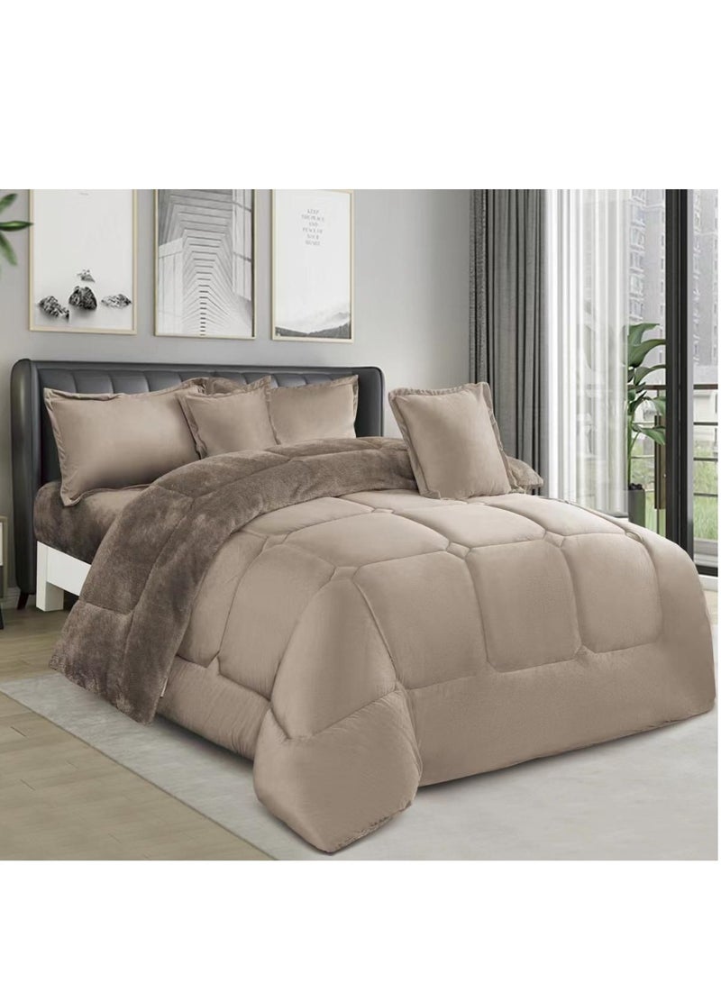 مينجلي مفرش سرير نفرين شتوي يتكون من 6 قطع بتصميم مخمل السادة والفرو مقاس اللحاف 240x220 سم