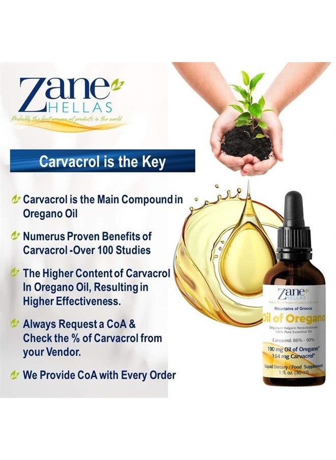 Zane HELLAS Probably the best oregano oil products in the world - Zane Hellas 190 mg Oregano Oil-164 mg Carvacrol per Serving-4 Drops Daily. 100% Greek Undiluted Oil of Oregano. 86%-90% Min Carvacrol. Probably The Best Oregano Oil in The World. 2 fl. oz.- 60ml - Image 1