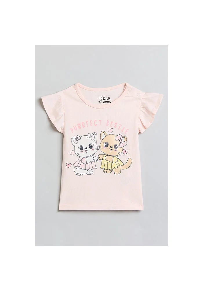 أر أند بي Printed Top with Crew Neck and Flutter Sleeves