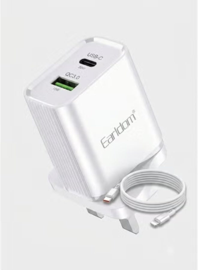 Earldom 30W GaN II Dual Port Fast Wall Charger, USB-C PD & USB-A QC 3.0, UK 3-Pin Adapter, White with Charging Cable - Image 1