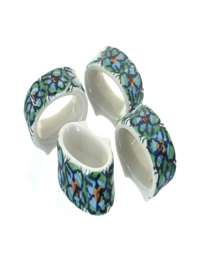 Blue Rose Pottery Blue Rose Polish Pottery - Green Mardi Gras Napkin Ring Set - 4 Napkin Rings - Ceramic Napkin Holders, Decorative Dining Table Accessories - Image 1