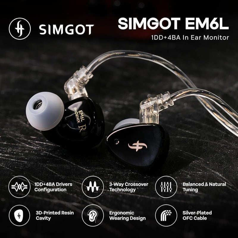 Linsoul SIMGOT EM6L 1DD + 4BA Hybrid Driver In-ear Monitor, Gaming Earbud, HiFi IEM Earphone - Image 2