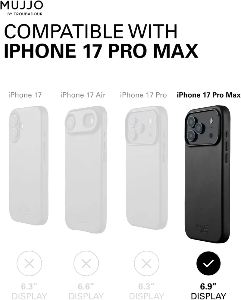 Mujjo iPhone 17 Pro Max Leather Case - Black With Magsafe. Crafted From Premium Leather, This Luxurious Case Combines Elegance and Durability, Providing a Sleek, Sophisticated Look While Offering Superior Protection.