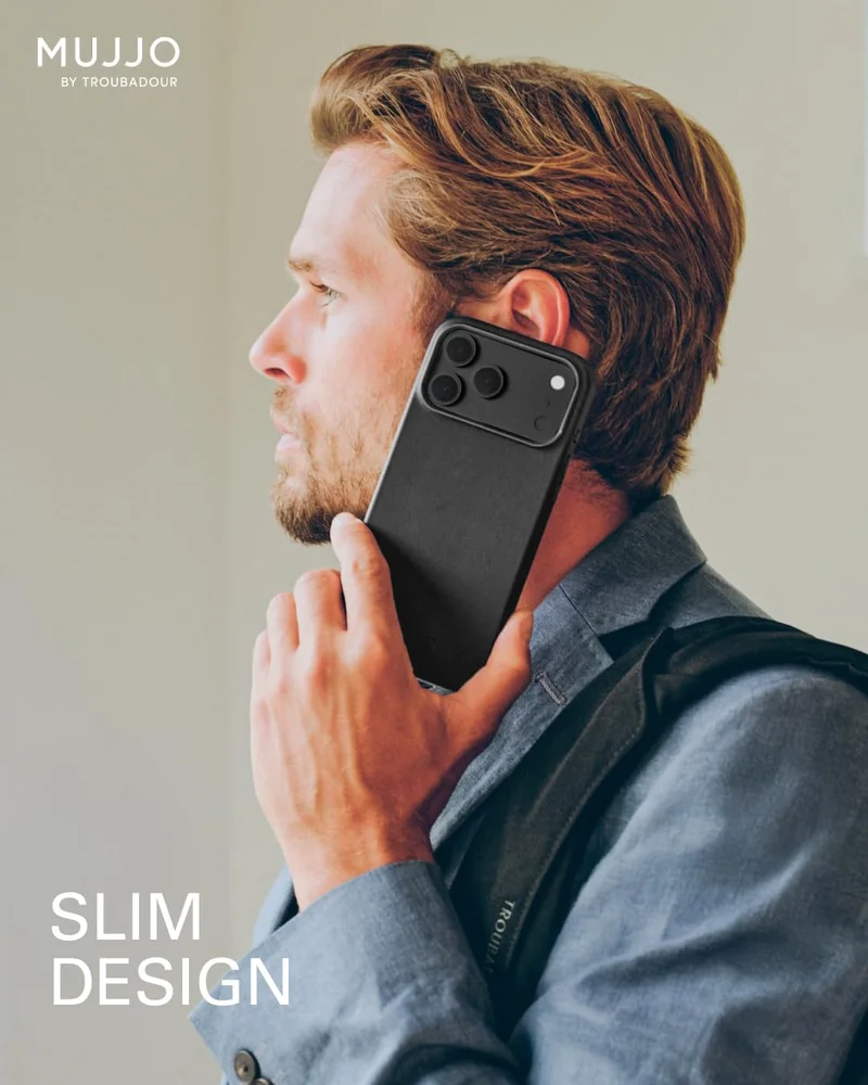 Mujjo iPhone 17 Pro Max Leather Case - Black With Magsafe. Crafted From Premium Leather, This Luxurious Case Combines Elegance and Durability, Providing a Sleek, Sophisticated Look While Offering Superior Protection.