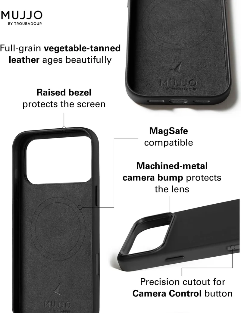 Mujjo iPhone 17 Pro Max Leather Case - Black With Magsafe. Crafted From Premium Leather, This Luxurious Case Combines Elegance and Durability, Providing a Sleek, Sophisticated Look While Offering Superior Protection.