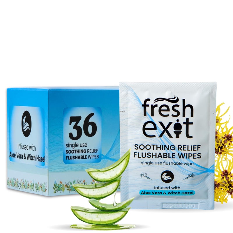 FreshExit Flushable Hemorrhoid Wipes 36 Count Individually Wrapped with Witch Hazel Aloe Vera Large Discreet Travel Wipes for Adults Soothing Gentle on Skin