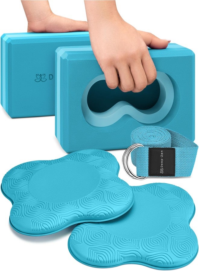 Deep-Zen® Yoga Blocks Wrist Support; Yoga Blocks 2 Pack with Knee Pads and Strap to Put Less Weight on Wrists; Durable, Versatile Yoga Brick Exercise Block Set, Blocks Yoga (Blue) - Image 1
