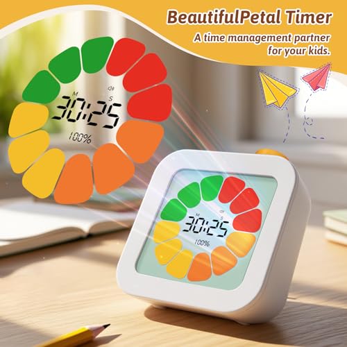 EooCoo Digital Visual Timer for Kids,99-Minute Silent Countdown Count Up Rotation Productivity Timers,Color Petal Progress,Mins/Secs Switch,Time Management Education Tool for School,Office,ADHD-White - Image 2