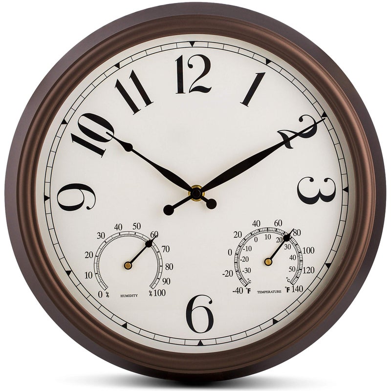 Bernhard Products Bernhard Products IndoorOutdoor Wall Clock Bronze 13 Inch Silent Non Ticking with Temperature  Humidity Gauge Weather Thermometer  Hygrometer Combo Battery Operated  Kitchen Living Room Patio 