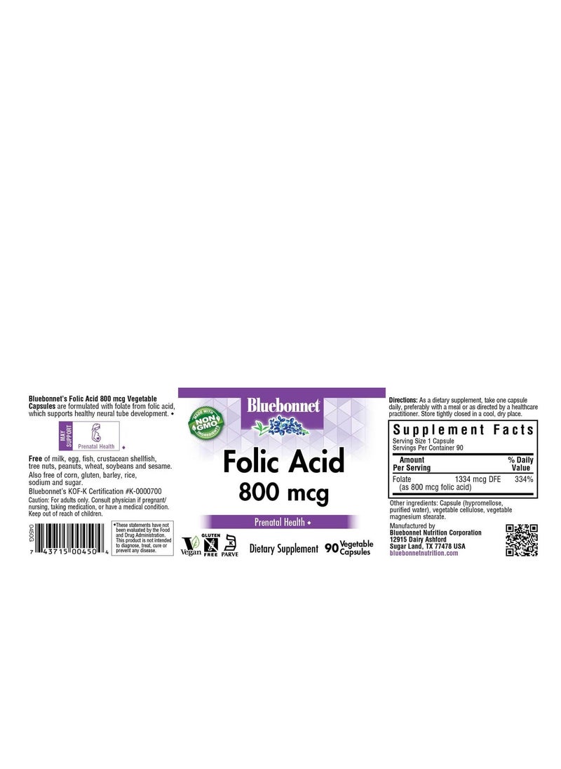 Bluebonnet Nutrition - Blue Bonnet 800 Mcg Folic Acid - 90 Capsules - Image 1
