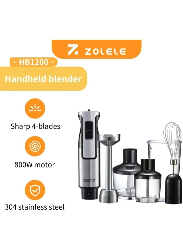 ZOLELE HB1200 4 in 1 Immersion Electric Hand Blender Powerful 4-in-1 Kitchen Appliance for Blending, Chopping, Whisking, and Pureeing with Low Noise 800W Motor, 20 Speeds, 4-in-1 Attachments - White - Image 3