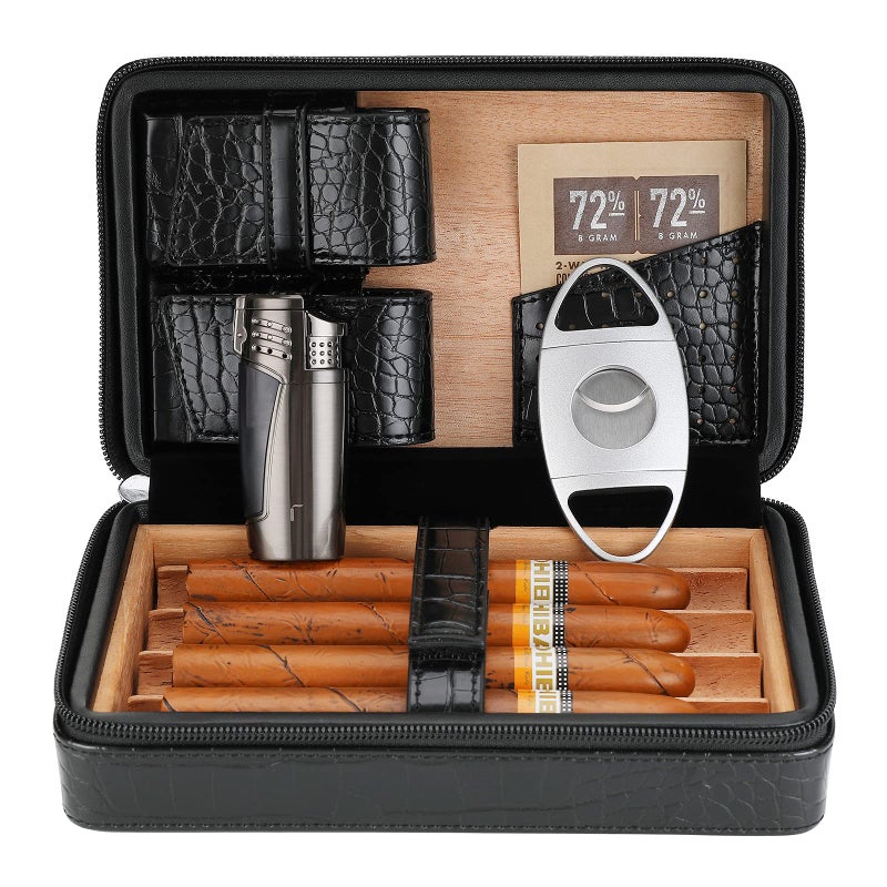 CiTree Cigar Case, Cedar Wood Travel Portable Leather Cigar Humidor with Cigar Lighter and Cutter, Black Crocodile Pattern - Image 1