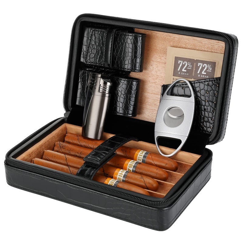 CiTree Cigar Case, Cedar Wood Travel Portable Leather Cigar Humidor with Cigar Lighter and Cutter, Black Crocodile Pattern - Image 2