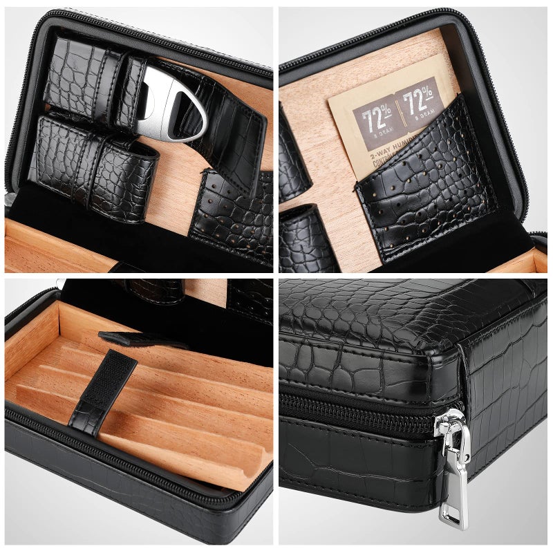 CiTree Cigar Case, Cedar Wood Travel Portable Leather Cigar Humidor with Cigar Lighter and Cutter, Black Crocodile Pattern - Image 3