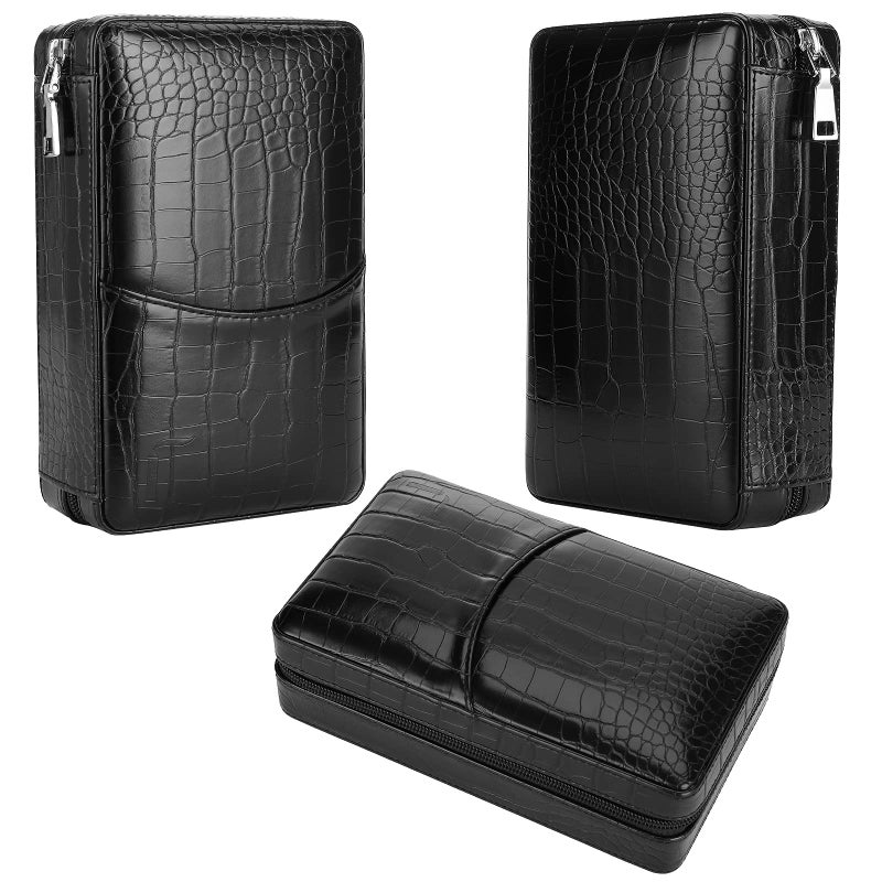 CiTree Cigar Case, Cedar Wood Travel Portable Leather Cigar Humidor with Cigar Lighter and Cutter, Black Crocodile Pattern - Image 4