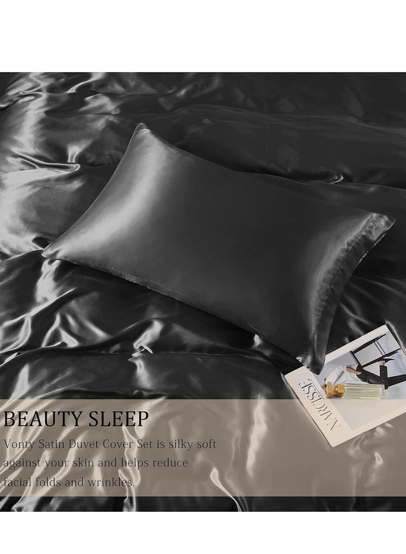 Bedding Duvet Cover Sets, 3 Pieces Satin Bedding Set, Queen Size Silky Duvet Covers Collection, 1x Cooling Duvet Cover 90x90 Inches and 2 Pillowcases, Comforter Not Included （Black）  - Image 4