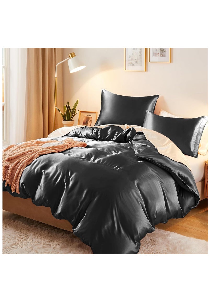 Bedding Duvet Cover Sets, 3 Pieces Satin Bedding Set, Queen Size Silky Duvet Covers Collection, 1x Cooling Duvet Cover 90x90 Inches and 2 Pillowcases, Comforter Not Included （Black）  - Image 1