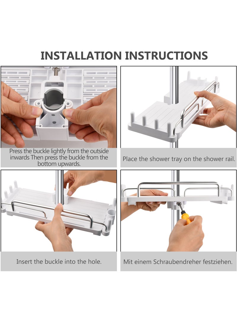 Adjustable Shower Shelf, White ABS Aluminum No-Punch Storage Solution for 18-25mm Shower Rods, Multi-functional Bath Organizer with Hooks  - Image 3