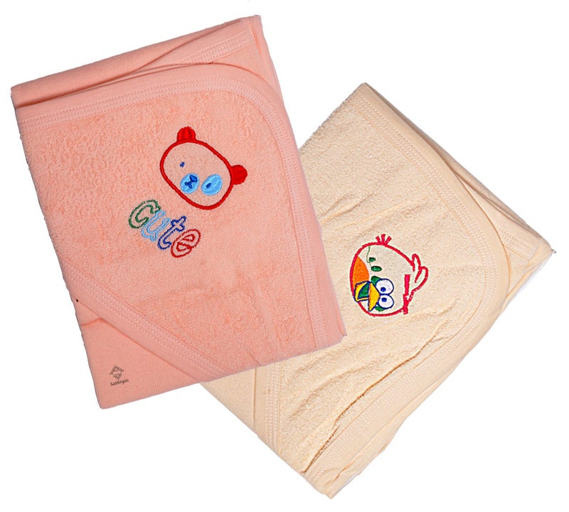 Sathiyas Akash 100% Cotton Embroidered Baby Towels - Pack of 2 (Cream || Pink) - Image 1
