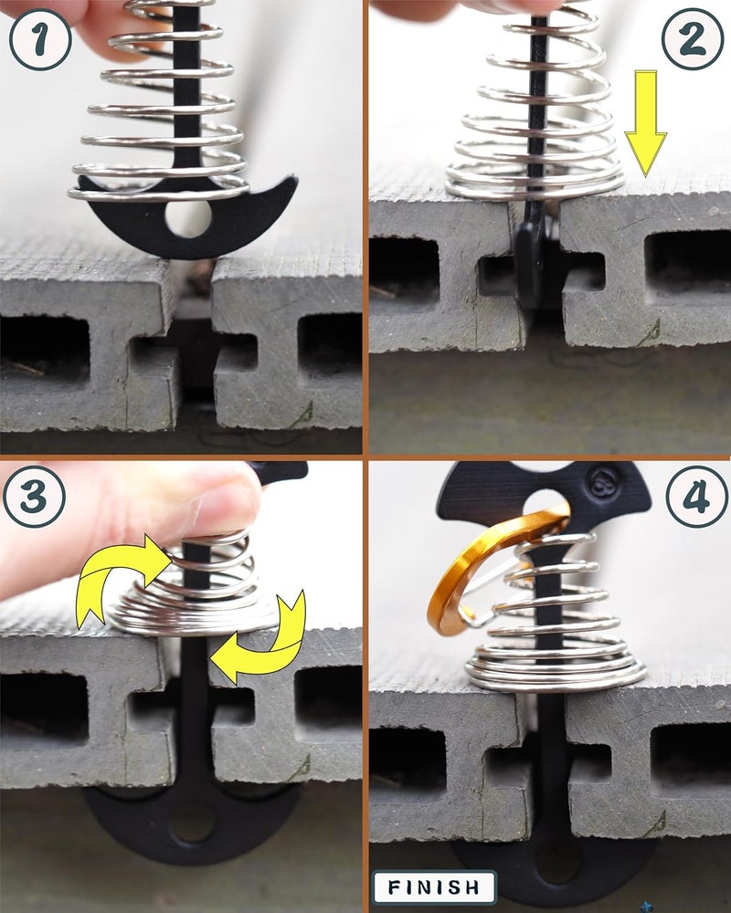 NACETURE Deck Anchors Pegs with Carabiners - Tie Down Anchor Rope Tensioner | Rope Tent Tie Down Stakes Clips, Canopy Tent Anchors Outdoor Camping Tent Accessories 10 Pack (Black) - Image 4