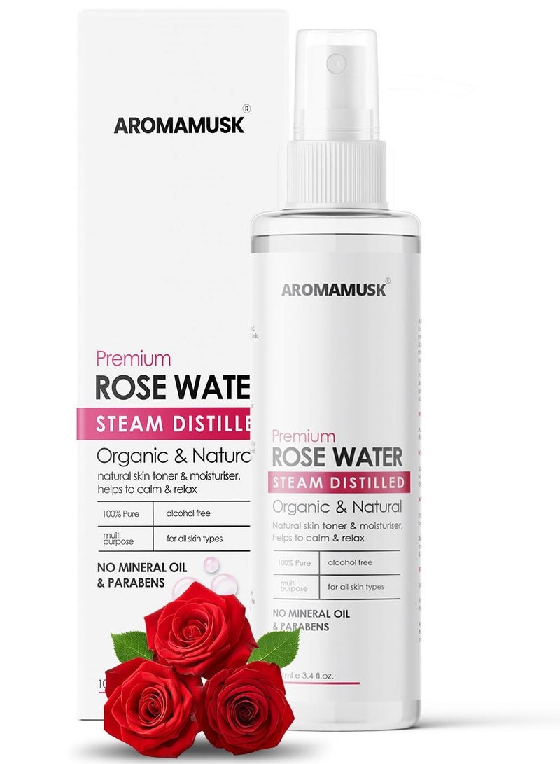 AromaMusk 100% Organic and Natural Premium Rose Water/Skin Toner (Gulab Jal) For Face and Skin, 100ml (Steam Distilled, No Alcohol, Chemical and Paraben Free) - Image 1
