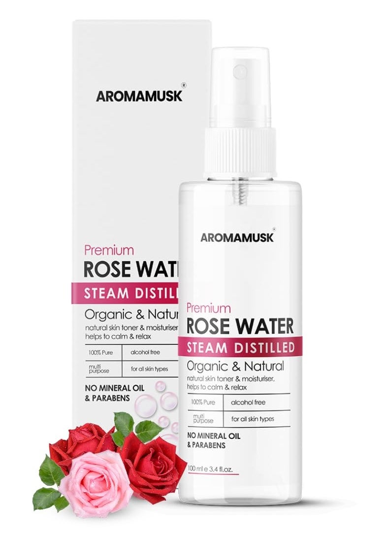 AromaMusk - AromaMusk 100% Organic and Natural Premium Rose Water/Skin Toner (Gulab Jal) For Face and Skin, 100ml (Steam Distilled, No Alcohol, Chemical and Paraben Free) - Image 1